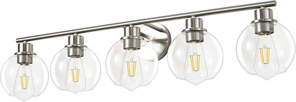 Bathroom Light Fixtures Over Mirror 5-Lights Bathroom Vanity Light with Clear Globe Glass Shade 37.4 inch Modern Brushed Nickel Vanity Lights Wall Sconce Lighting for Bath