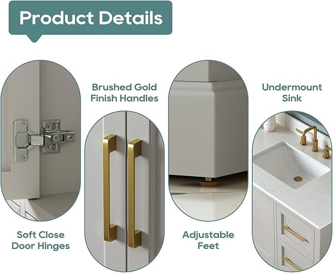 42 Inch Bathroom Vanity with Sink Combo, Solid Wood Frame with Stone Top & Backspalsh, Fully-Assembled with Soft-Closing Doors & 4 Drawers, Greige
