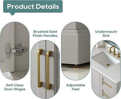 42 Inch Bathroom Vanity with Sink Combo, Solid Wood Frame with Stone Top & Backspalsh, Fully-Assembled with Soft-Closing Doors & 4 Drawers, Greige