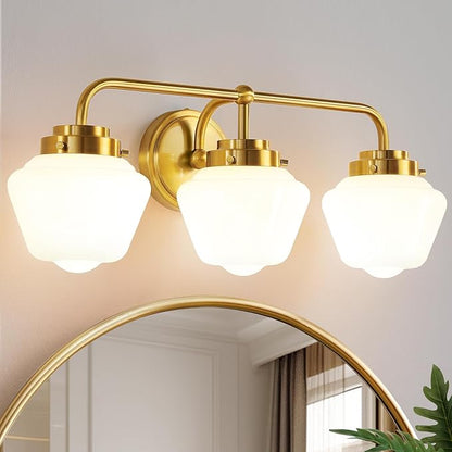 Bathroom Vanity Light Fixtures: 3-Lights Gold Vanity Lights Over Mirror, 17 Inch E26 60W Modern Bathroom Lighting Fixture with Milky White Glass for Bath Restroom