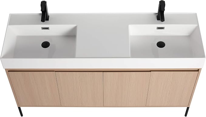 Crownpoint 60 Inch Bathroom Vanity with Sink, White Double Sink, White Oak Finish, Full Assembly Required, Elegant Bathroom Vanities for Modern Homes