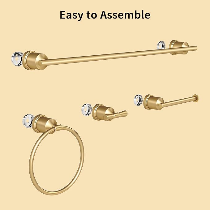 Gold Bathroom Hardware Set, 4-Pieces Wall Mounted Bath Accessories Kit, Stainless Steel Towel Bar, Towel Ring, Toilet Paper Holder & Robe Hooks, Modern Brushed Gold Finish