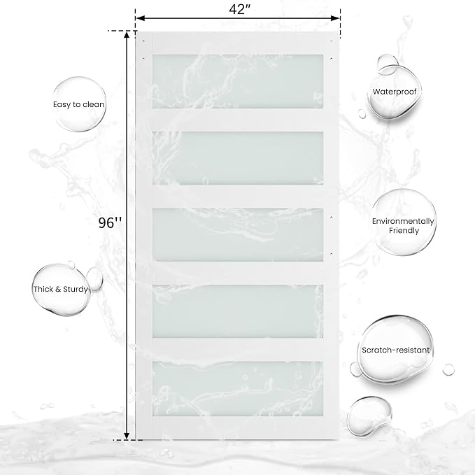 SMARTSTANDARD 42 x 96 in Glass Barn Door with 7FT Sliding Hardware Kit | Pre-Drilled Ready to Assemble, Waterproof PVC Coating, White, 5-Panel Glass