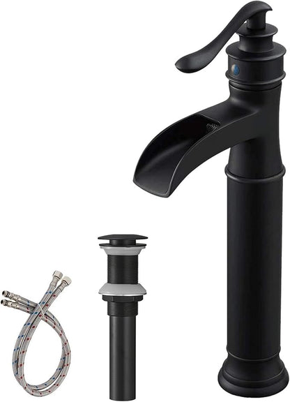 BWE Vessel Sink Faucet Waterfall Matte Black with Pop Up Drain Without Overflow and Supply Lines, Black Sink Faucet Bathroom One Handle Faucets Vanity Bath Mixer Tap