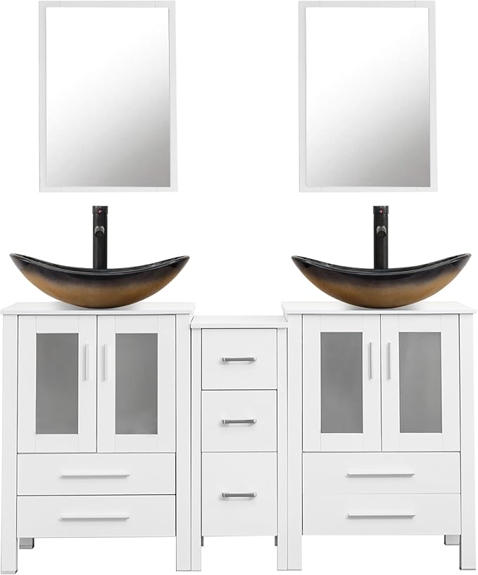 UEV 60" Double Sink Bathroom Vanity,White Bathroom Vanity with Double Side Vanity Cabinets & Removable 3 Drawer Storage Cabinet with Modern Vessel Sink,Mirror Not Included(029CH)