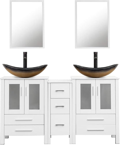 UEV 60" Double Sink Bathroom Vanity,White Bathroom Vanity with Double Side Vanity Cabinets & Removable 3 Drawer Storage Cabinet with Modern Vessel Sink,Mirror Not Included(029CH)