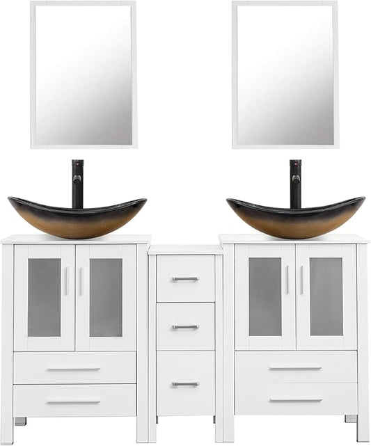 UEV 60" Double Sink Bathroom Vanity,White Bathroom Vanity with Double Side Vanity Cabinets & Removable 3 Drawer Storage Cabinet with Modern Vessel Sink,Mirror Not Included(029CH)