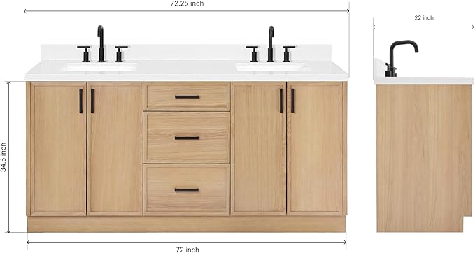ARIEL Kelly 72-inch Bathroom Vanity with Sink,Solid Wood, 1.5-inch Carrara White Quartz Countertop, Double Rectangular Porcelain Sink, 4 Soft Closing Doors, 5 Dovetail Drawers, White Oak