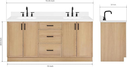 ARIEL Kelly 72-inch Bathroom Vanity with Sink,Solid Wood, 1.5-inch Carrara White Quartz Countertop, Double Rectangular Porcelain Sink, 4 Soft Closing Doors, 5 Dovetail Drawers, White Oak