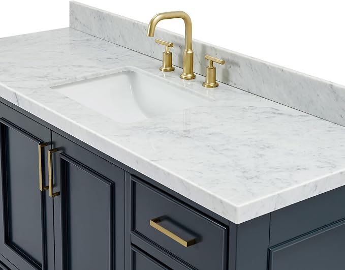 Langford 60-inch Midnight Blue Bathroom Vanity with Center Rectangle Single Sink, Italian Carrara Marble Countertop & Backsplash, Solid Wood Frame, Soft-Closing & Dovetail Drawers