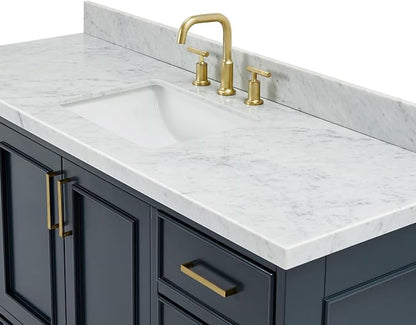 Langford 60-inch Midnight Blue Bathroom Vanity with Center Rectangle Single Sink, Italian Carrara Marble Countertop & Backsplash, Solid Wood Frame, Soft-Closing & Dovetail Drawers