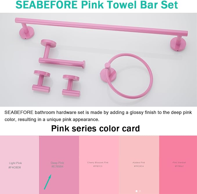 Pink Bathroom Hardware Set,5 Pieces Bathroom Towel Bar Set,24 inch Towel Bar,Towel Ring for Bathroom,Robe Towel Hooks,Toilet Paper Holder Wall Mounted(Drilling),SE96006S-5PK