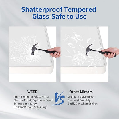 WEER White Metal Framed Bathroom Mirror 55x30 Inch | Rounded Rectangle, Matte White Framed, Tempered Glass, Anti-Rust, Hangs Horizontally or Vertically