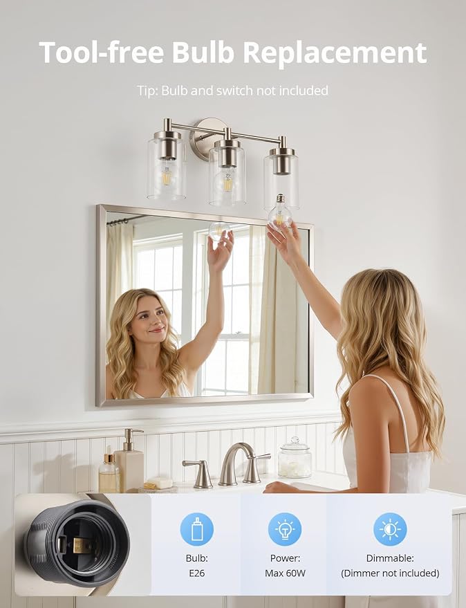 3-Light Brushed Nickel Bathroom Vanity Light, Farmhouse Wall Sconce | 17.12", Brushed Nickel Restroom Lamp, Clear Glass, Bright Makeup Lighting, above Mirror, Tool-Free E26 Bulb Swap, No Bulbs