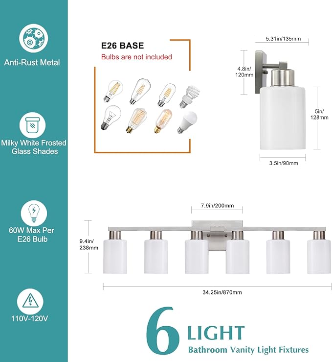 6-Light Bathroom Vanity Light Brushed Nickel Bathroom Light Fixture Vanity Lights with Milky White Frosted Glass Shades Wall Sconces Over Mirror E26 Socket Bulbs Not Included