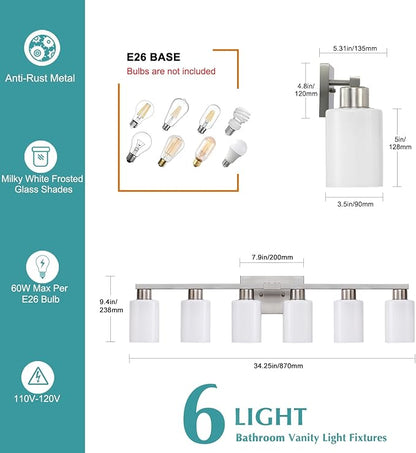 6-Light Bathroom Vanity Light Brushed Nickel Bathroom Light Fixture Vanity Lights with Milky White Frosted Glass Shades Wall Sconces Over Mirror E26 Socket Bulbs Not Included