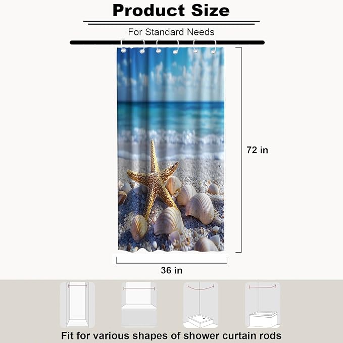 Modern Cute Beach Shower Curtain Tropical Coastal Kids Summer Seashell | Nature Shower Curtains for Bathroom, Waterproof Bath Curtain with Hooks Machine Washable Bathtub Curtains 36x72 Inch Blue