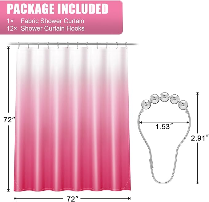 OLANLY Luxury Hot Pink and White Ombre Shower Curtain Sets with 12 Hooks, Waterproof and Washable Decorative Shower Curtains for Bathroom, 72x72 Inches