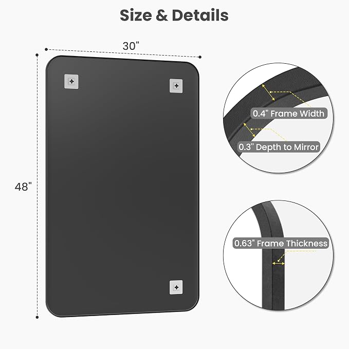 30x48 Inch Matte Black Rounded Rectangle Bathroom Vanity Mirror | For Over-Sink Bathrooms, Powder-Coated Iron Frame, Layered Shadow Box Look, Vertical or Horizontal Layout