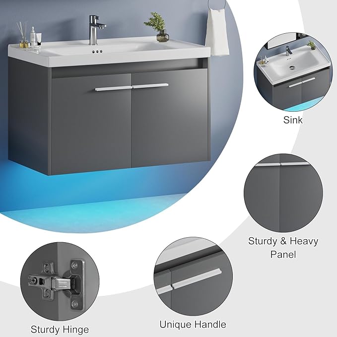 4ever2buy 31" Floating Bathroom Vanity with Sink, Modern Bathroom Vanity with LED Light, Wall Mounted Sink Cabinet with 2 Doors, Grey