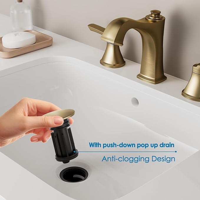 Widespread Bathroom Faucet 3 Hole, Brushed Gold 4-16 Inch Bathroom Sink Faucets, Two Handle Vanity Faucet 3 Holes with Drain Assembly, Brushed Gold