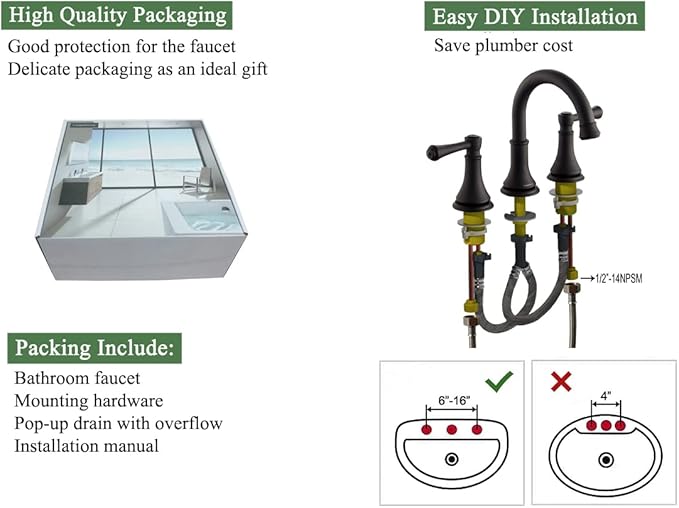 Matte Black 8 inch Widespread Bathroom Sink Faucet 3 Holes with Pop-Up Drain, 2 Handle Modern Bathroom/Vanity/Lavatory Faucet with Brass 360° Swivel Spout, TAF830Y-MB