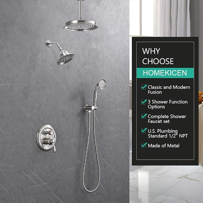 Dual Rain Shower Head System with Handheld Antique Faucet Set | Brushed Nickel Finish, Multi-layer Plating, Vintage Rainfall, 3 Way Diverter Brass Valve with Trim Kit, Easy Install