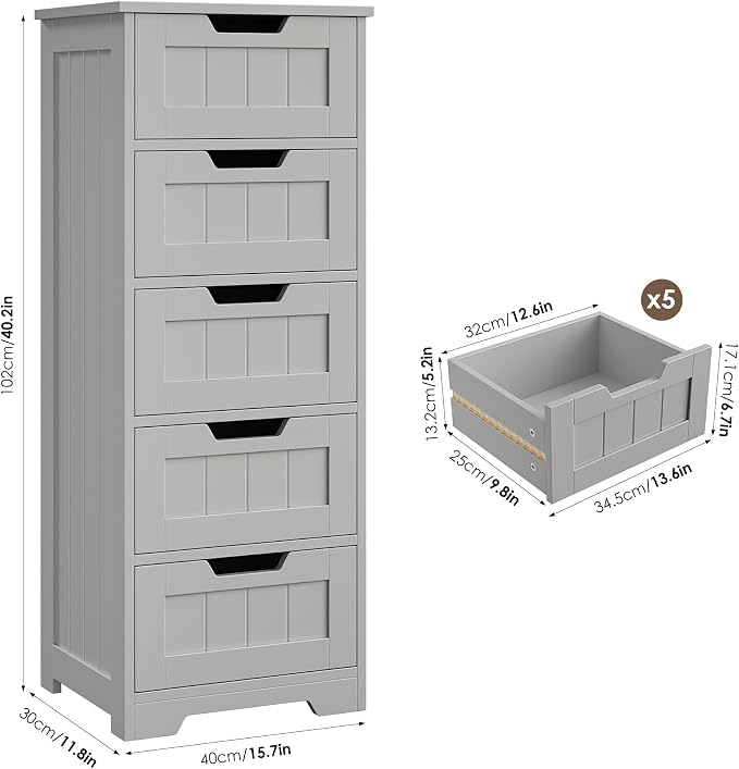 FOTOSOK Bathroom Cabinet, Bathroom Storage Cabinet with 5 Drawers, Grey | Narrow Bathroom Storage with Cut-Out Handles, 11.8” x 15.7” x 40.1”, Slim & Small Floor Cabinet for Laundry/Hallway
