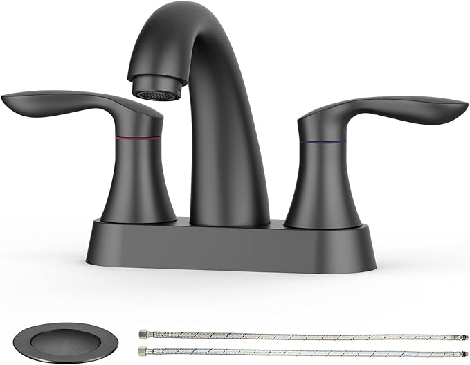 Black faucet set with handles and drain on a white background