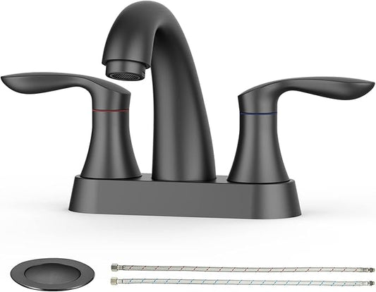 Black faucet set with handles and drain on a white background