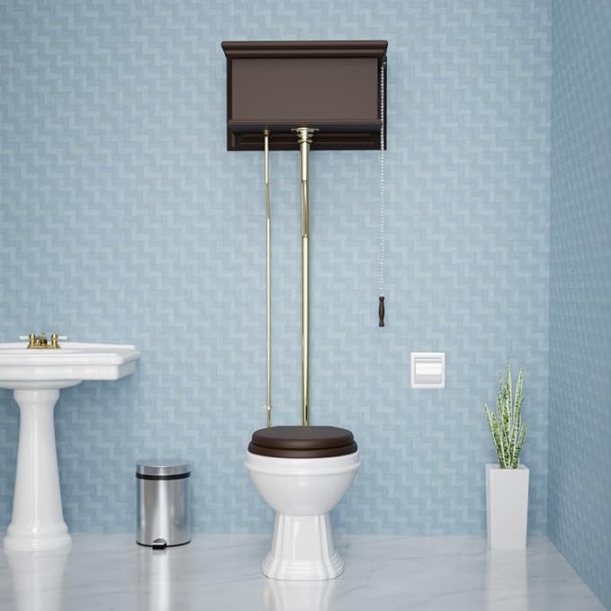 Renovators Supply Manufacturing High Tank Pull Chain Toilet With Dark Oak Wooden Flat High Tank 70 In. To 74 In. Adjustable Height Brass L Pipe And Elongated Toilet Bowl
