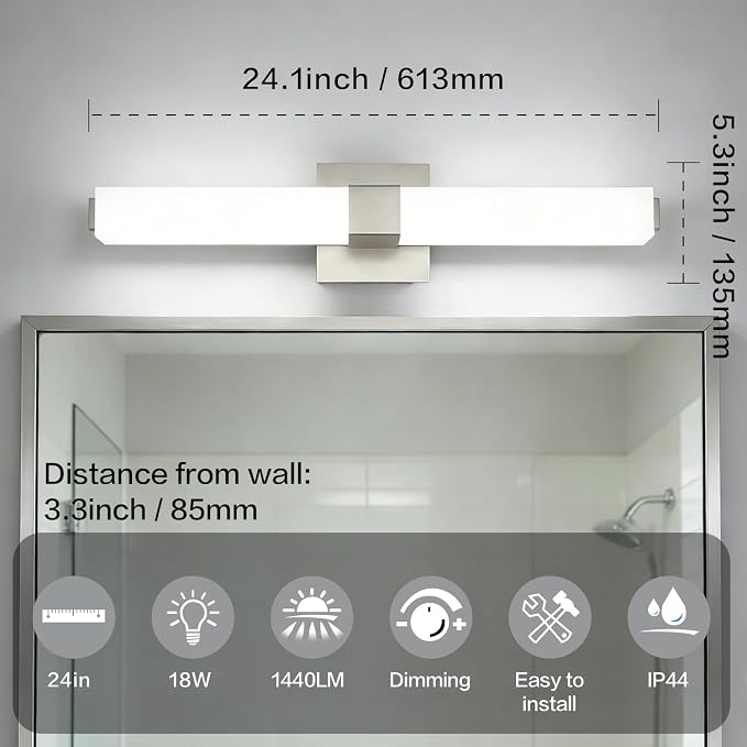 Brushed Nickel Dimmable Vanity Light: 24 Inch LED Modern Bathroom Light Fixtures Over Mirror IP44 Waterproof