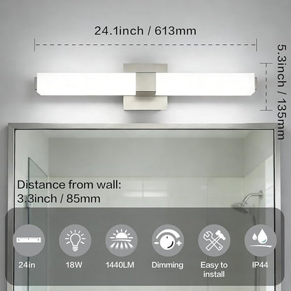 Brushed Nickel Dimmable Vanity Light: 24 Inch LED Modern Bathroom Light Fixtures Over Mirror IP44 Waterproof