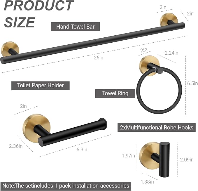 5-Piece Black Gold Bathroom Hardware Set, SUS304 Stainless Steel Wall Mounted Bathroom Accessories, 24 Inch Towel Bar, Towel Ring, Toilet Paper Holder, 2 Hooks, Rustproof Modern Bathroom Fixtures