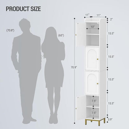 Hzuaneri 4-Tier Narrow Tall Storage Cabinet | Slim Bathroom Storage Cabinet with 4 Adjustable Feet and Shelves, for Living Room, Laundry Room, White, 11"D x 11"W x 70.9"H