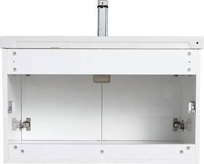 Blossom 32 Inch Wall Mounted Bathroom Vanity with Sink | Floating Wood Vanity Cabinet | Modern Soft-Close Doors & Storage | Ceramic Basin | Space-Saving Design (Glossy White, 32'' Ceramic Sink)