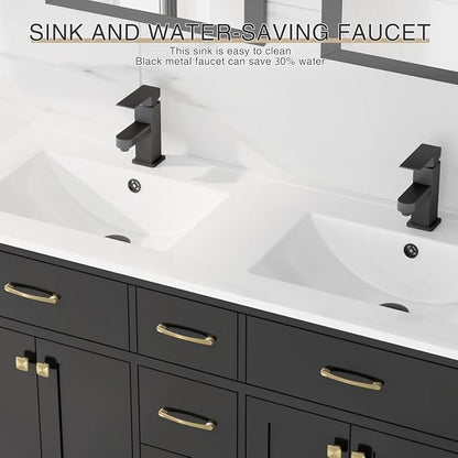 LUCKWIND 48" Modern Bathroom Vanity with Sink Combo, Contemporary Painted Storage Cabinet and Double White Sink, Include Soft-Closing Doors & Matte Black Faucet, Black