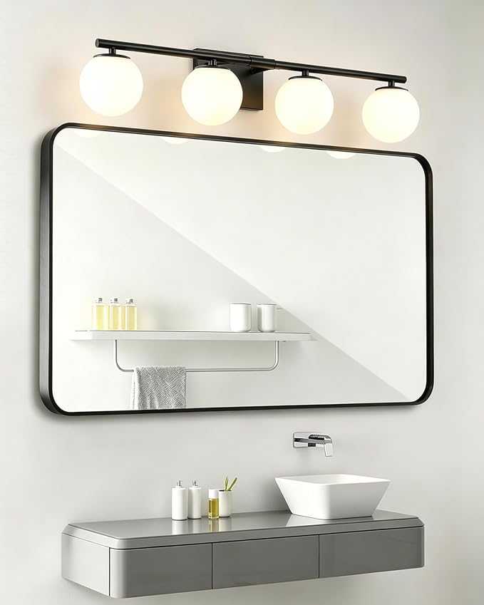 Bathroom Vanity Light Brushed Black 4T Wall Sconce for Mirror | Modern fixture Glass Shade brightness, Elivers even brightness. Sturdy metal resists rust. Dresser Bathroom over Mirror