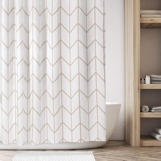 mDesign Fabric Geometric Shower Curtain - Herringbone Chevron Print with Reinforced Buttonholes for Master/Guest Bathroom - Machine Washable & Water Resistant Curtains - 72" x 72" - Beige/White