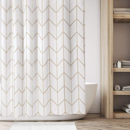 mDesign Fabric Geometric Shower Curtain - Herringbone Chevron Print with Reinforced Buttonholes for Master/Guest Bathroom - Machine Washable & Water Resistant Curtains - 72" x 72" - Beige/White