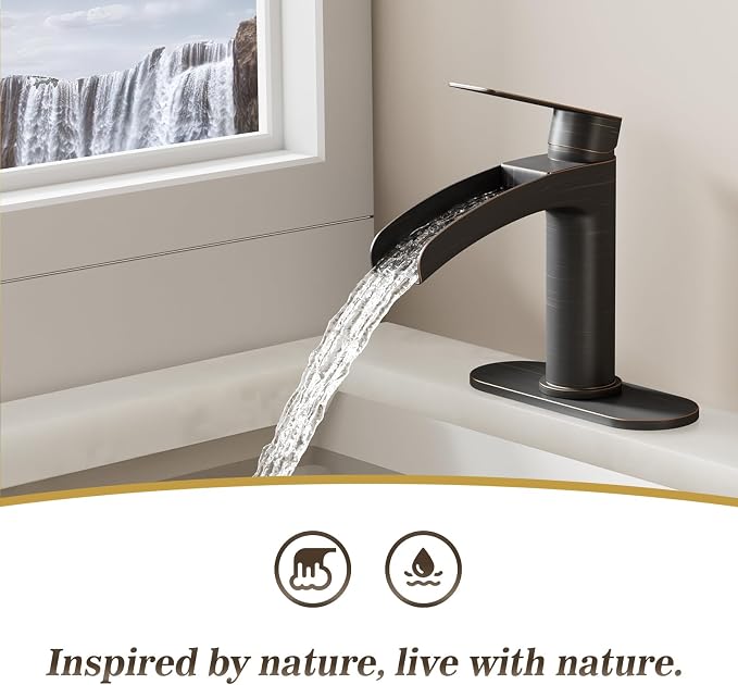 Oil Rubbed Bronze Waterfall Single Handle Bathroom Sink Faucet, with 6-Inch Deck Plate & Metal Pop Up Drain Assembly and CUPC Water Supply Lines,NS-SF01-ORB