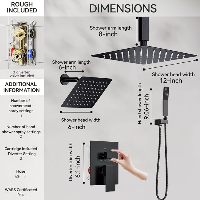 Shower System Shower Faucet Set, STARBATH 12"+6" Ceiling Mount Rain Shower Head and Handheld Spray for Two Person, Rainfall Shower System with Diverter Valve and Trim Kit Complete，Matte Black