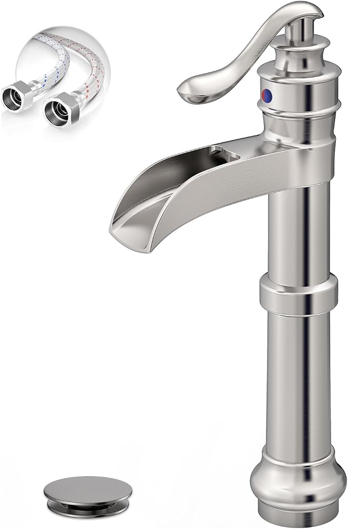 Brushed Nickel Vessel Sink Faucet Brass Tall Waterfall Bathroom Faucet | Single Handle Bathroom Sink Faucets with Pop Up Drain Without Overflow and Supply Hoses Mixer Tap Deck Mount by BATHLAVISH