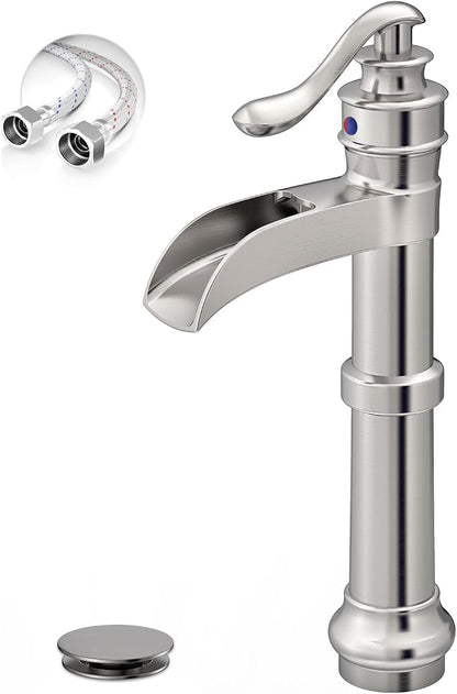 Brushed Nickel Vessel Sink Faucet Brass Tall Waterfall Bathroom Faucet | Single Handle Bathroom Sink Faucets with Pop Up Drain Without Overflow and Supply Hoses Mixer Tap Deck Mount by BATHLAVISH