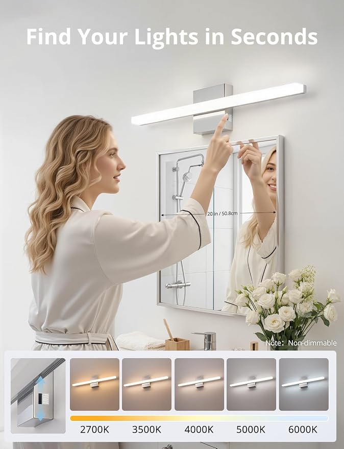 Combuh Vanity Light Fixtures for Mirror, Modern Bathroom Wall Sconce Chrome | 24 Inch Long, Soft Shadow Free, Linear Lamp Bar, Power Room, Luces para Baño, Splash-Resistant, 5 Color Adjustable, 2 Pack
