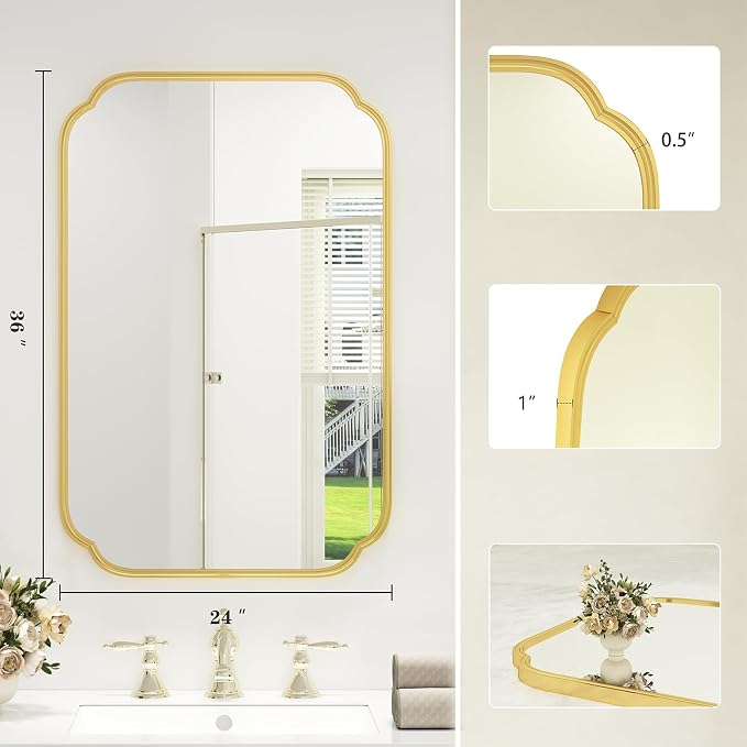 SMIROR 24x36 Gold Scalloped Corner Bathroom Vanity Mirror for Wall | Metal Frame, Scalloped Rectangle, Anti-Rust, Horizontally or Vertically Mounted