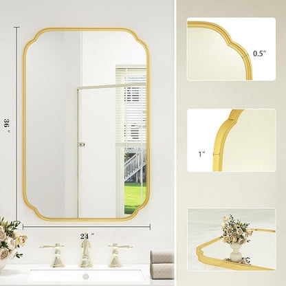 SMIROR 24x36 Gold Scalloped Corner Bathroom Vanity Mirror for Wall | Metal Frame, Scalloped Rectangle, Anti-Rust, Horizontally or Vertically Mounted