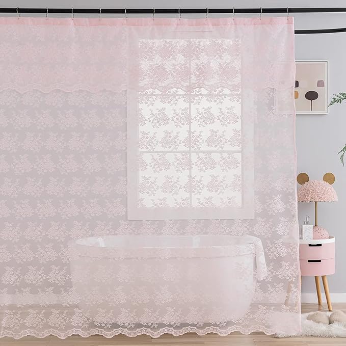 TUDECO Pink Lace Shower Curtain with Attached Valance, 72x72 Inch, 1 Panel | Light Pink, Cute Girly Bathroom Decor, Aesthetic Feminine Style, Vintage Floral Detail, Soft Light Filtering, Semi Privacy