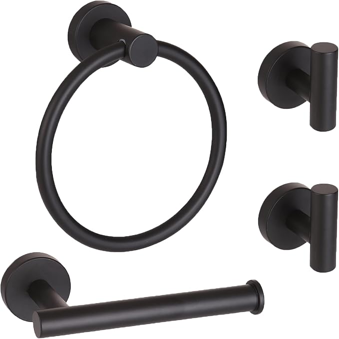 4 Piece Matte Black Stainless Steel Bathroom Hardware Set Include Hand Towel Ring, Toilet Paper Holder,and 2 Robe Towel Hooks,Bathroom Accessories Kit