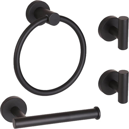 4 Piece Matte Black Stainless Steel Bathroom Hardware Set Include Hand Towel Ring, Toilet Paper Holder,and 2 Robe Towel Hooks,Bathroom Accessories Kit